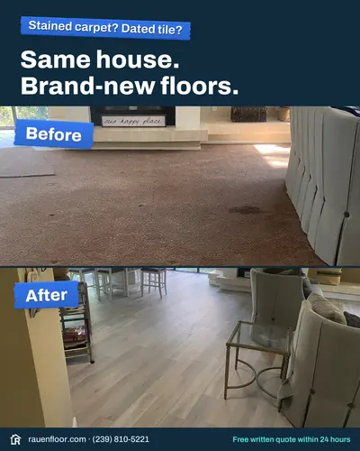 Anuncio real de Rauen Floor: la misma sala antes, con alfombra, y después, con piso de vinilo nuevo