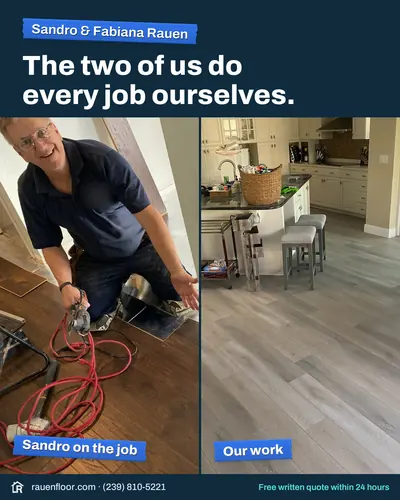Anuncio real de Rauen Floor: "The two of us do every job ourselves", con Sandro trabajando en un piso