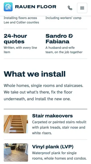 La página de inicio de rauenfloor.com en un celular: sus datos y lo que instalan